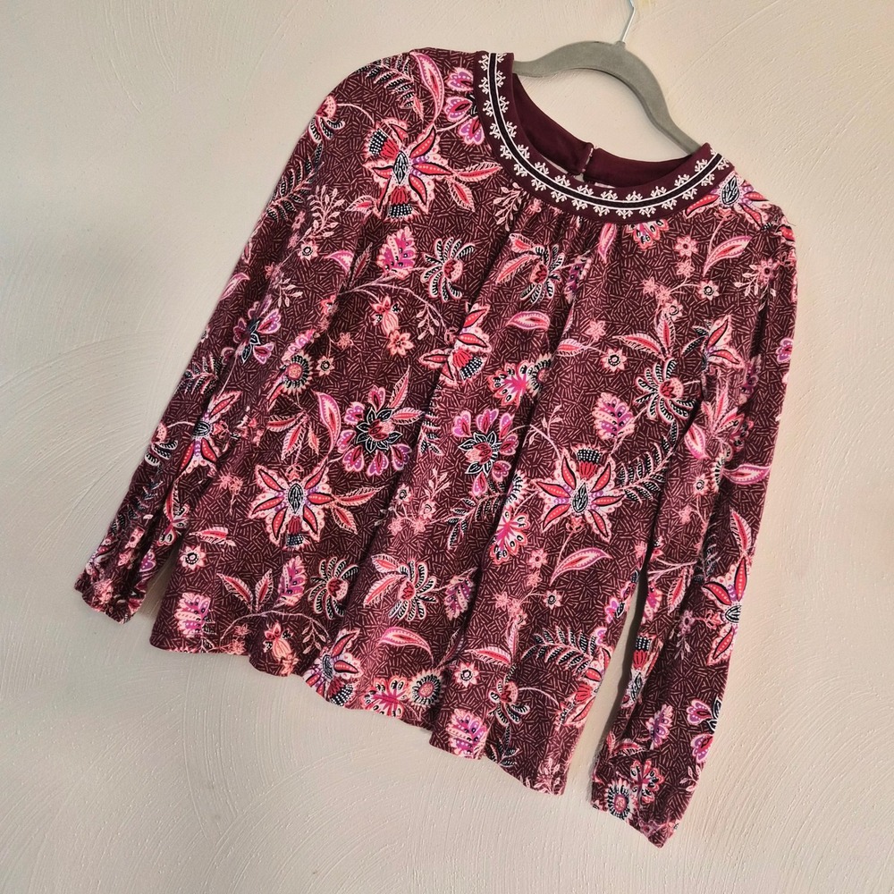 Old Navy Womens Small Burgundy Floral Embroidered Neck Long Sleeve Top Batik